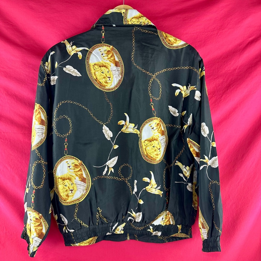 Vintage Silk Lion Print Bomber Jacket 90s Baroque Chain Windbreaker Medium - Picture 12 of 17